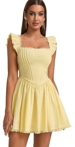 GLNEGE Women's Graduation Summer Mini Corset Dress Square Neck Short Ruffle Sleeve A Line Cute Trendy Party Dresses 2025, Yellow, L