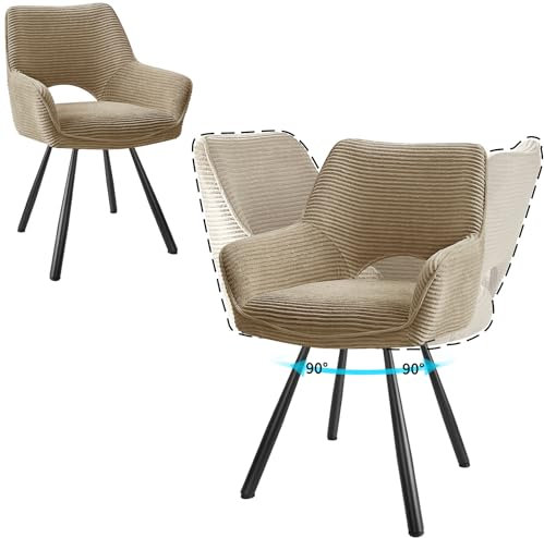 JIJIAN 2er Set Esszimmerstuhl Drehbar mit Armlehne, Drehbar 180°, Küchenstuhl, Moderner Polsterstuhl mit Stoffrückenlehne für Küche, Esszimmer, Schlafzimmer, Braun