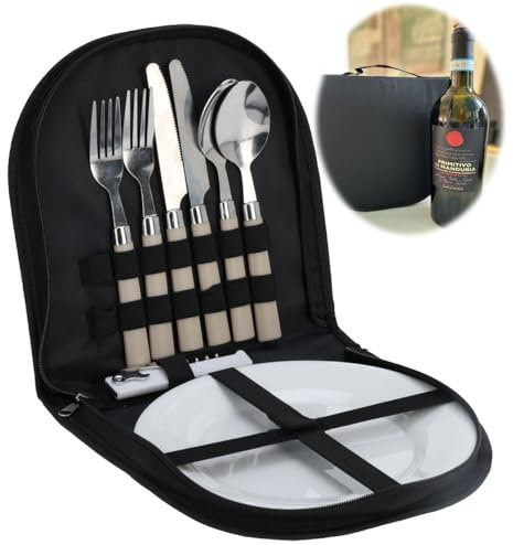 LS-LebenStil 10-tlg. Picknick-Set für 2 Personen inkl. Tragetasche - Camping-Geschirr - Wiederverwendbar mit Teller, Besteck Löffel Gabel Messer, Korkenzieher - Picknickkorb Picknickkoffer Mehrweg