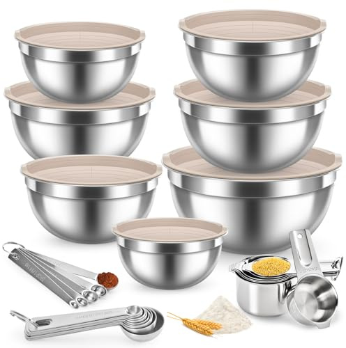 28PCS Mixing Bowls with Airtight Lids Set, Stainless Steel Nesting Prep Bowls with 7 Measuring Cups & 14 Measuring Spoons for Cooking, Baking, Serving, Food Storage, Size 5.5/3.5/2.5/2/1.4/1/0.62QT