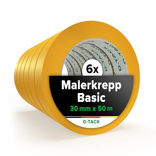 D-Tack 6x Malerkrepp Basic | 30 mm x 50 m | Malerband für Innen | Kreppband für Malerarbeiten | Präzise Farbkanten beim Abkleben | Abklebeband universell einsetzbar | UV-beständig | Handabreißbar