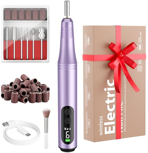 Cordless Electric Nail Drill 9 Adjustable Speeds Portable Rechargeable Nail File Kit with 6 Drill Bits 31 Sanding Bands for Natural or Acrylic Gel Nails Polish Gel Removal Manicure (Purple)
