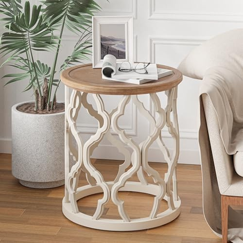 LONYKE Farmhouse Round End Table, Distressed Tray Top Side Table with Curved Motif Frame, Rustic White