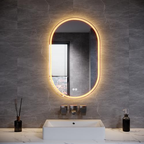 SUNXURY Miroir mural LED 80 x 50 cm - Ovale - Avec trois types de lumière - Anti-buée - Prise et interrupteur tactile - Miroir de salle de bain avec éclairage - Miroir mural décoratif à suspendre