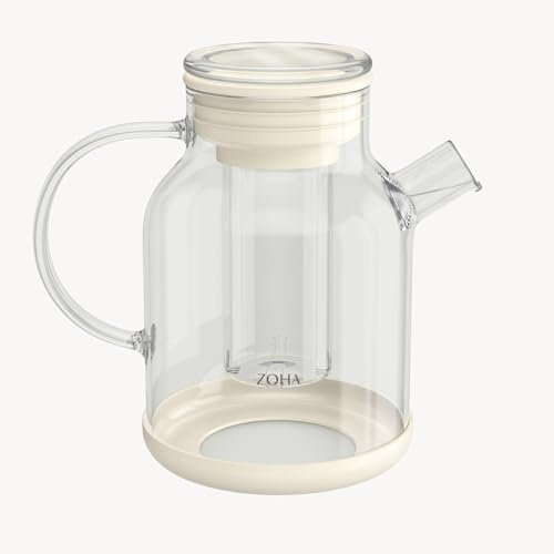 Zoha Borosilikatglas Teekanne mit Sieb 1,5 Liter - Beige Glasteekanne, Hitzebeständiger Teebereiter aus Glas mit Siebeinsatz - Durchsichtige Teekanne für losen Tee - Eleganter Teezubereiter