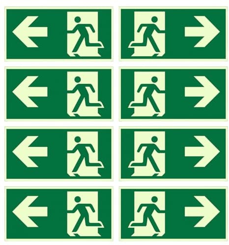 Cartello Uscita di Emergenza Fotoluminescente 300x150mm, Segnale Adesivo | 4 Frecce Sinistra & 4 Destra,PVC Riflettente,Senza Foratura,Resistente UV,Per Uffici,Hotel, Scuole,Magazzini & Aree Pubbliche