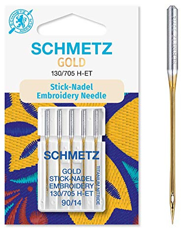 Schmetz Nähmaschinen-Nadeln, 89 Größen, 3 Stück + 1 Nadeleinfädler , Single Packet, Gold Embroidery 90/14 + Threader