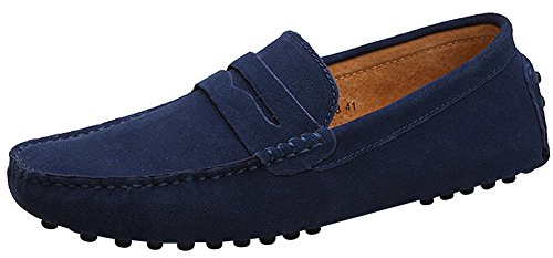 Jamron Hombres Cuero de Gamuza Penny Mocasines Comodidad Zapatos de Conducir Plano Pantuflas Azul Marino 2088 EU44