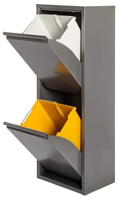 JOBGAR Cubo de basura y reciclaje Metálico de 2 compartimentos, 2x17L (34L) Gris brillo PAT 2