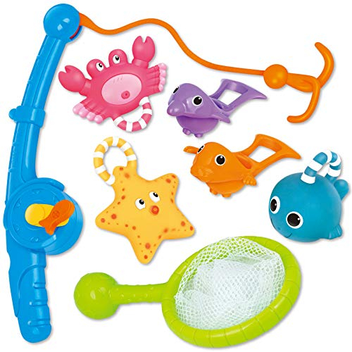 Jouet de bain, pêche flotant jouets et soucoupe d'eau avec sac d'organisation (Pack 8), Poisson filet jeu dans baignoire salle de bain piscine heure du bain pour enfants bambins bébé garcon fille