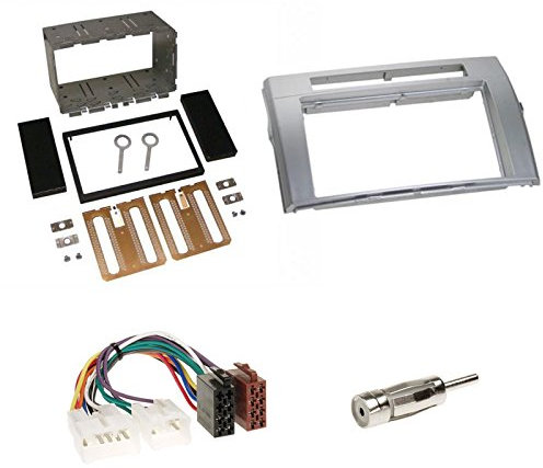 Autoradio Doppel-DIN 2-DIN Blende Einbaurahmen Radioblende Silber + ISO Radio KFZ Adapter Radioadapter Radioanschlusskabel + Antennenadapter für Toyota Corolla Verso (3.Generation) 04/2004-03/2009