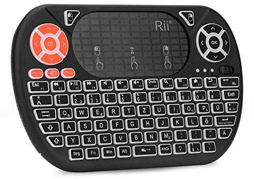 Rii F8 Mini Tastatur Wireless, Kabellos Tastatur mit 8 IR-Lerntaste, LED Hintergrundbeleuchtung und Touchpad für Smart TV, HTPC, IPTV, Android TV-Box, PC (Deutsches, Schwarz)