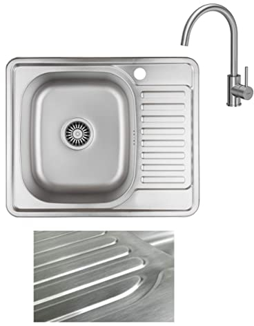 VBChome Einbauspüle mit Armatur 58x48 Satinstruktur ab 45er Unterschrank Edelstahl Küchenspüle Spüle Ablagefläche Abtropffläche eckiges Camping Ablaufgarnitur Siphon Wasserhahn Inox Edelstahl