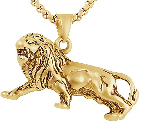 Hanessa Kette aus Edelstahl Herren-Schmuck Hals-Kette und Anhänger aus hochwertigem 316L Stahl massiver Löwe in Gold Geschenk zu Weihnachten für den Mann