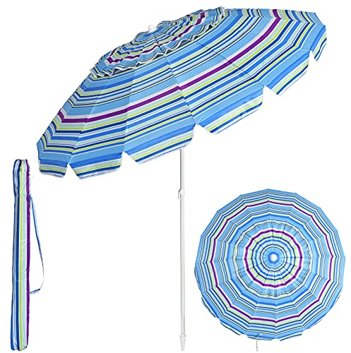 GOPLUS Parasol de Plage 2,43M, Parasol Inclinable avec Auvent Démontable, Sac de Transport, Anti-UV, pour Patio Balcon Piscine, H.185CM, Base Non Incluse (Bleu Foncé)
