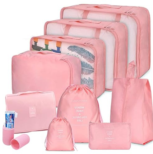Toifucos 10pcs/Set Pink Travel Packing Cubes, Waterproof, Durable, Mesh Top, Compression, Suitcase Bag, Travel Essential Bag
