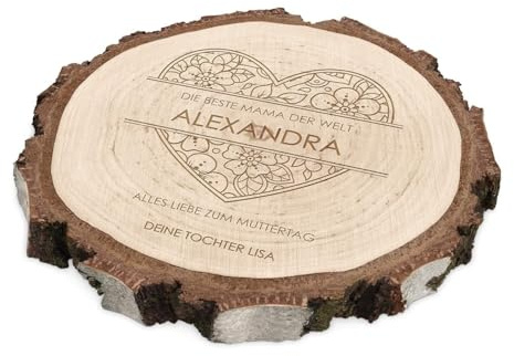 Maverton Holzscheibe mit Gravur - Durchmesser: 16-22 cm - Dicke: 1,5-2,5 cm - Baumscheibe personalisiert - Deko Untersetzer - natürliche Birkenscheibe - zum Geburtstag für Frauen - Herz