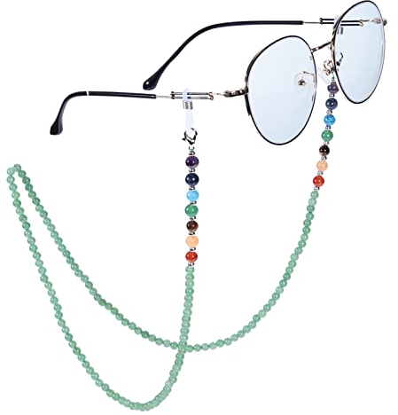 Nupuyai 7 Chakra Stein Perlen Brillenkette Damen Kristall Sonnenbrillenkette Gesichtsmaske Kette Edelstein Brillenband Brillenkordel Brillenhalter für Lesebrillen, Myopiebrille Grüner Aventurin
