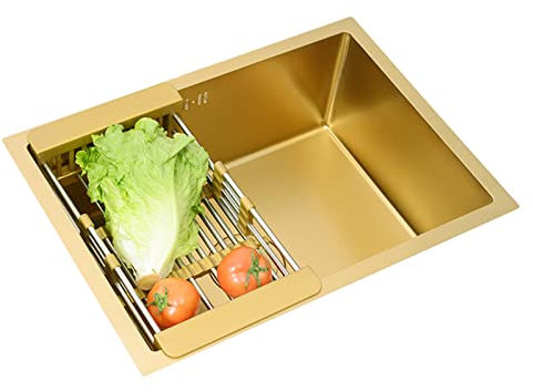 Fregadero de cocina de una cubeta, Fregaderos de cocina dorados, Instalación empotrada o bajo encimera, Fácil de limpiar, Fregadero de preparación de barra hecho a mano con desagüe y Rejilla de desagü