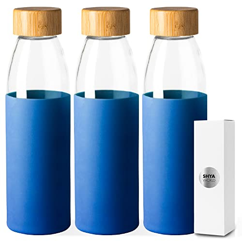 ShyaWorld Botella De Cristal Con Funda De Silicona Neopreno para Agua Con Cuerpo Transparente y Acabado en Color. Reutilizables. Tapón De Rosca Efecto Bambú Madera. 540 ml. (3 UNIDADES, AZUL)