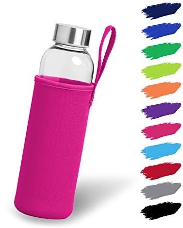 NOMA Glasflasche 0,5l mit Neoprenhülle | Trinkflasche aus Glas in 500ml, 600ml & 1000ml mit Schutzhülle und Edelstahldeckel | Wasserflasche für Sport, Büro, Schule & Outdoor | Pink