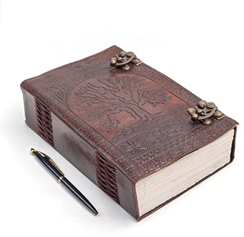 Tuzech Handgefertigtes großes Leder-Tagebuch, 600 Seiten, geprägt, Baum des Lebens, Buch der Schatten, Notizbuch, 7 Chakra, Grimoire, Skizzenbuch, 17,8 x 25,4 cm, Lederbindung (braun)