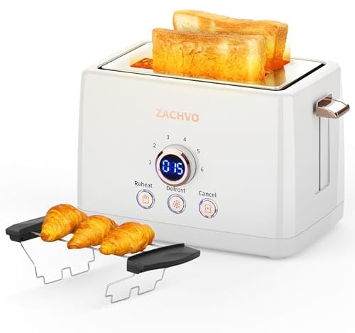Toaster 2 Slice - ZACHVO Bread Toaster with Countdown Timer, 6 Browning Setting, Warming Rack Removable Crumb Tray, High Lift, Reheat, Defrost, for Busy Mornings Family Breakfasts