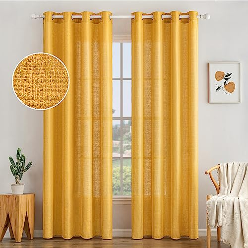 MIULEE 2er Set Voile Vorhang Sheer Leinenvorhang mit Ösen Transparente Unregelmäßige Textur Gardine Ösenschal Fensterschal Lichtdurchlässig für Schlafzimmer 225 x 140cm (H x B) Gold