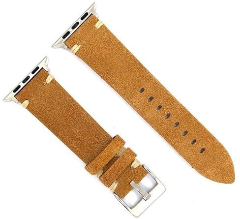 Nubuk-Armband kompatibel mit Apple Watch – Series 1 2 3 4 5 6 7 8 9 SE SE2 Ultra – 38mm 40mm 41mm 42mm 44mm 45mm 49mm – Weiches Leder – Ref AWP417 Hellbrauner Stahladapter 38mm/40mm/41mm