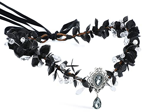 MOSTORY Blume Stirnband Kopfschmuck Schwarze Krone für Mädchen Frauen Schwarzer Eukalyptus mit Kristall Haarkranz Boho Girlande Elf Cosplay Renaissance Braut Mutterschaft