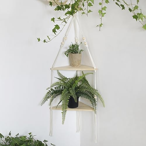 Artilady Eckregal Weiß Wandbehang - 2 Etagen Holz Schweberegale Rustikales Boho Wandregal Dekor Handgewebtes Baumwollseil Lagerregal für Pflanzen Töpfe Bilderrahmen (Weiß)