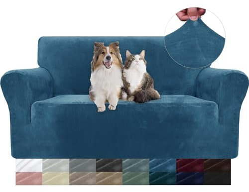 YSTELLAA Samt Sofa Überzug 2 Sitzer, Stretch Sofahusse Universal, Sofaschoner rutschfest, Sofa Covers Mit Armlehne, Couch Bezug Schutz Katze, Waschbare Couchschoner, Pfau Blau