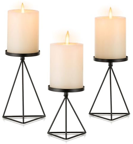 Inweder 3 Pcs Black Metal Candle Holders: Vintage Geometric Pillar Candle Tray for Table Centrepiece, Fireplace, Wedding, Christmas Home Decor