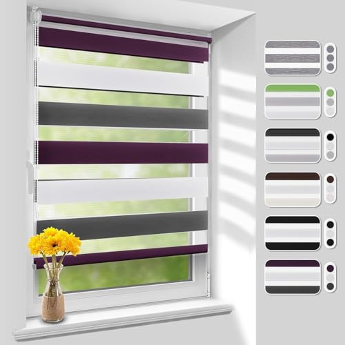 Homland Doppelrollo Klemmfix ohne Bohren B80 x H140 cm(Stoffbreite 75cm) Weiß-grau-lila, Duo Rollo, Rollo Klemmrollos lichtdurchlässig & verdunkelnd, Verstellbar Fensterrollo Sonnenschutz