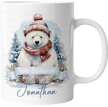 timalo® Tasse personalisiert mit Namen Geschenk „Frohe Weihnachten“ Kaffeetasse Jungen und Mädchen | Eisbär