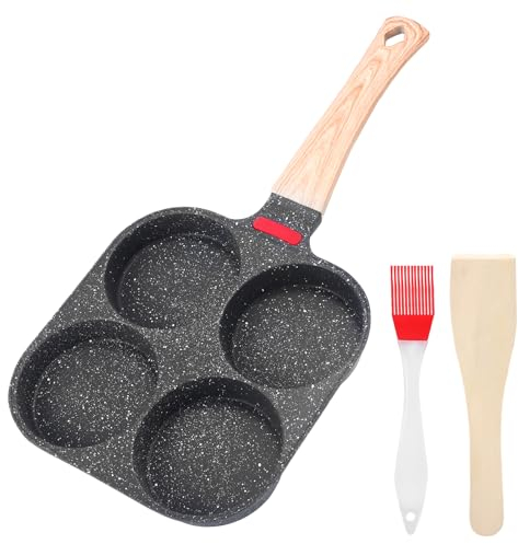 Poêle à 4 Emplacements, Poele Oeuf au Plat, Poele a Pancakes Antiadhésive avec spatule en bois & Brosse, Poele a Pancakes pour Petit-déjeuner Oeuf Au Plat Hamburger pour Cuisinière à Gaz Induction