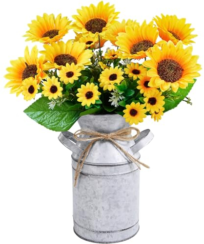 Winlyn Centro de mesa de girasoles de granja, jarra de leche de metal, racimos de girasoles artificiales, arreglos florales de verano, 13 pulgadas de alto para cocina, sala de estar, centro de mesa