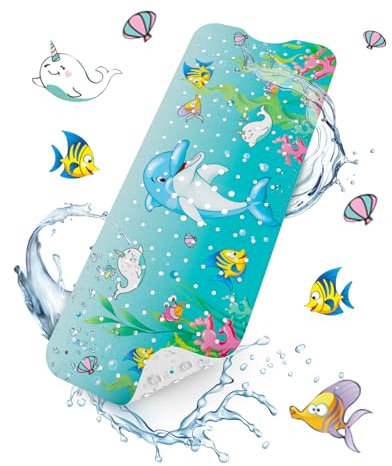 HITSLAM Alfombra Bañera Antideslizante Infantil, 101x40cm Extra Larga Alfombra Ducha Antideslizante, Alfombra Baño con Ventosas y Orificios de Drenaje, Suave para los pies, Lavable a Máquina, Delfín