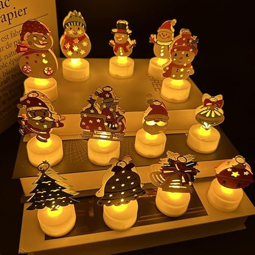 XIXIMENG Christmas LED Tealight Candles Set 3D Christmas Flameless Candle 12Pcs Table Light Battery Operated Warm White Flickering