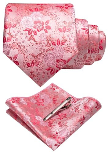 JEMYGINS Cravates et mouchoirs de poche à fleurs pour homme disponibles avec pince à cravate, Rose/rouge carmin, M