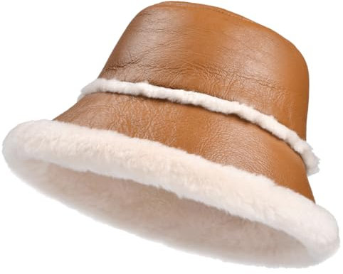 Harssidanzar Winter Fischerhüte für Männer und Frauen Lammfell Shearling Leder Warme Hüte Mützen Caps CU608EU, Glänzend Cognac, Größe M