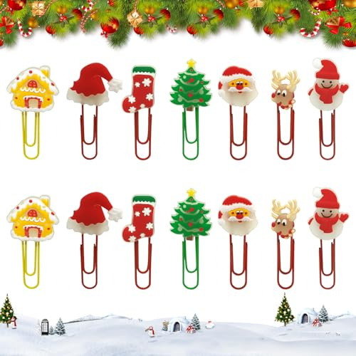 14 Stück Weihnachten Cartoon Büroklammer Bunte Lesezeichen Mini Papierklammern Cartoon Luminöser Metall Büroklammern für Bücher Dateien Seiten Fotos Büro Schule Schreibwaren Lesezeichen Paperclips