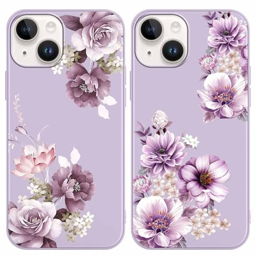 Yoedge 2 Stück Blume HandyHülle für iPhone 15 Hülle 6,1, Schutzhülle für iPhone 15 Case 3D Lila Blumen Muster Design Aesthetic Mädchen Frauen Geschenk Weich Silikon Stoßfest Cover