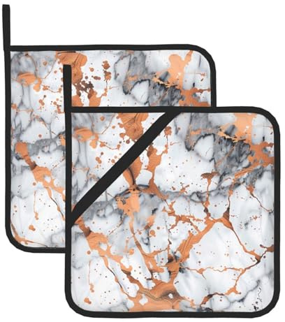 Marble Texture Copper Splatter Printed Pot Holders Sets 2-Pieces Square Heat Resistant Oven Microwave Potholders for Kitchen Cooking Baking Bbq Grilling