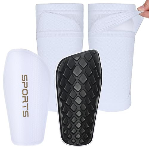 Kinder Herren Schienbeinschoner inkl. Stutzen mit Optimierter Einstecktasche - Schienbeinschoner Fußball zum Einschieben (Weiß, M (140-160cm))