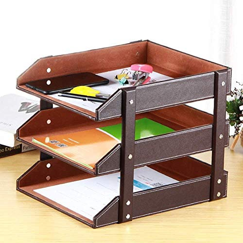 Schreibtisch-Organizer aus Holz, PU-Leder, stapelbares Tablett-Set mit 3 Ebenen, braune Farbe, für Dokumente und hält Ihren Schreibtisch ordentlich und ordentlich