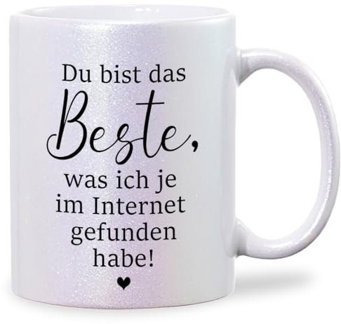 glitzertassen.de® | Du bist das Beste was ich je im Internet gefunden habe! | Perlmutt Glitzertasse | lustige Sprüche | Bürotasse | Valentinstag | Liebe | 330 ml | Weiß glitzernd
