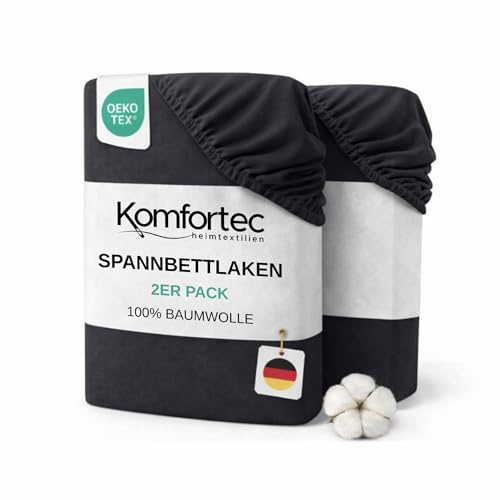 Komfortec Spannbettlaken Jersey 2er Set 100% Baumwolle – 160x200 cm – Weich, Atmungsaktiv & Hautfreundlich – Mit Rundumgummi – Oeko-Tex Zertifiziert – Für Boxspring, Topper & Matratzen – Anthrazit