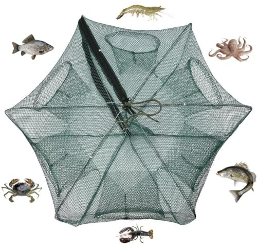 Nikou Red de Pesca con 6 Agujeros, Trampa Plegable Cangrejos con Cremallera | Red Fundición Portátil, Nailon Trampa de Malla, 58×22cm Reteles Cangrejos, Cebo de Trampa para Captura de Peces Gambas