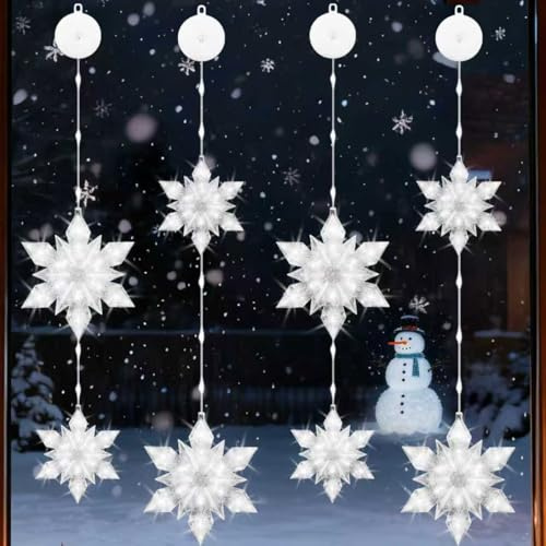 VEEKAY 4er Set LED Weihnachtsbeleuchtung, Weihnachten Lichter,8xLED Schneeflocken Weihnachtselemente,KaltesWeiß Lichtervorhang mit Saugnäpfe,Timer,Batteriebetrieben,für Weihnachtsdeko